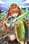  &gt;:o 1girl :o armor blue_sky braid brown_hair character_request clouds copyright_request flag glowing glowing_sword glowing_weapon green_eyes hair_ornament jewelry legs_apart long_hair looking_at_viewer mole mole_under_eye mvv ring shield sky solo sword thigh-highs twin_braids vambraces very_long_hair weapon 