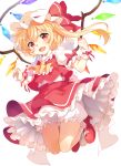  1girl absurdres ascot bangs blonde_hair bloomers blush eyebrows_visible_through_hair flandre_scarlet full_body hat hat_ribbon highres long_hair looking_at_viewer mob_cap open_mouth paragasu_(parags112) red_eyes red_shoes red_skirt ribbon shoes side_ponytail simple_background skirt skirt_set smile socks solo touhou underwear vest white_background white_legwear wings wrist_cuffs 
