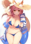  1girl animal_ears bikini blue_bikini blush breasts cleavage fate/grand_order fate_(series) fox_ears fox_tail hat innertube large_breasts long_hair looking_at_viewer muryotaro navel pink_hair side-tie_bikini simple_background smile solo straw_hat swimsuit tail tamamo_(fate)_(all) tamamo_no_mae_(swimsuit_lancer)_(fate) towel white_background yellow_eyes 