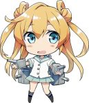  1girl abukuma_(kantai_collection) bangs black_boots blonde_hair blouse blue_eyes blush boots buttons cannon collared_blouse commentary_request double_bun gochou_(atemonai_heya) green_skirt hair_between_eyes hair_rings kantai_collection knee_boots long_hair looking_at_viewer lowres machinery open_mouth pleated_skirt school_uniform serafuku short_sleeves simple_background skirt solo standing turret twintails wavy_mouth white_background white_blouse wing_collar 