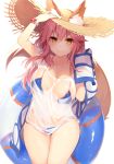  1girl animal_ears bikini blue_bikini blush breasts cleavage fate/grand_order fate_(series) fox_ears fox_tail hat innertube large_breasts long_hair looking_at_viewer muryotaro pink_hair see-through shirt side-tie_bikini simple_background smile solo straw_hat swimsuit t-shirt tail tamamo_(fate)_(all) tamamo_no_mae_(swimsuit_lancer)_(fate) towel wet wet_clothes wet_shirt wet_t-shirt white_background yellow_eyes 