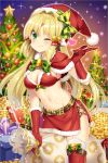  1girl ;3 bell blonde_hair bow box breasts character_request christmas christmas_tree coin copyright_request eyebrows_visible_through_hair fur_trim garter_straps gift gift_box gloves green_eyes hair_bell hair_ornament hat heart heart-shaped_pupils jingle_bell long_hair looking_at_viewer medium_breasts midriff mvv navel pom_pom_(clothes) red_gloves red_legwear red_skirt santa_costume santa_gloves santa_hat side_slit skirt solo sparkle symbol-shaped_pupils thigh-highs 