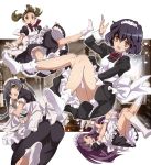  4girls afloat apron brown_eyes brown_hair dress feet floating frilled_dress frills green_eyes grey_hair hair_ribbon highres long_sleeves looking_at_viewer maid maid_apron maid_headdress multiple_girls no_shoes nyoronyoro open_mouth original purple_hair ribbon short_sleeves socks soles tabi twintails wrist_cuffs 