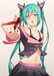  1girl absurdres aqua_eyes aqua_hair black_bra blush bra butterfly_hair_ornament hair_ornament hatsune_miku highres lipstick_tube long_hair midriff nail_polish navel open_mouth skirt solo sweet_devil_(vocaloid) twintails underwear very_long_hair vocaloid xinshijie_de_akalin 