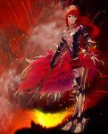  1girl artist_request breasts cleavage cosplay green_eyes highres karna_(fate) karna_(fate)_(cosplay) lancer polearm possessed pyrrha_nikos redhead rwby solo spear spiked_armlet weapon 