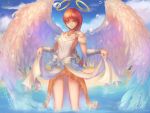  1girl blue_sky breasts brown_eyes brown_hair dated double_halo dress dress_lift droplet halo highres jewelry long_hair looking_at_viewer necklace orange_skirt sideboob skirt sky solo standing very_long_hair wading water white_wings wings yan_guang_aoxiang 