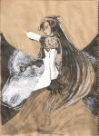  1girl absurdly_long_hair animal_ears blouse capelet fingernails full_moon imaizumi_kagerou long_fingernails long_hair long_skirt long_sleeves moon red_skirt skirt solo stufquin touhou traditional_media very_long_hair werewolf white_blouse wolf wolf_ears 