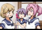  3girls akebono_(kantai_collection) bandaid bandaid_on_face bell blonde_hair blurry commentary_request depth_of_field flower hair_bell hair_between_eyes hair_bobbles hair_flower hair_ornament hand_up kantai_collection light_brown_eyes light_brown_hair multiple_girls oboro_(kantai_collection) open_mouth pink_eyes pink_hair purple_hair sazanami_(kantai_collection) school_uniform serafuku shino_(ponjiyuusu) short_hair short_sleeves short_twintails side_ponytail sidelocks smile surprised twintails upper_body wide-eyed window 