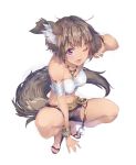  animal_ears arm_support arm_up armband bare_legs bracelet brown_hair dark_skin elbia_hernaiman eyebrows_visible_through_hair jewelry looking_at_viewer midriff navel necklace one_eye_closed outbreak_company sandals short_hair short_shorts shorts simple_background squatting strapless tail tubetop violet_eyes white_background yuugen 