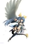  1girl absurdres asymmetrical_wings black_legwear black_panties blue_hair bow chamu_(chammkue) commentary_request dizzy guilty_gear guilty_gear_xrd highres panties red_eyes ribbon solo tail tail_bow tail_ribbon thigh-highs twitter_username underwear wings 