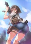  1girl ayyh brown_hair clouds glasses goggles gun handgun highres holster looking_back original outdoors red-framed_eyewear red_eyes rifle shooting_range shorts sky solo thigh_holster thigh_strap utility_vest vest wall weapon 