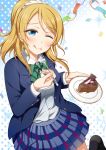 1girl ;q ayase_eli black_shoes blazer blonde_hair blue_eyes bow bowtie cake collared_shirt commentary_request confetti food food_on_face fork green_bow green_bowtie jacket licking_lips love_live! love_live!_school_idol_project one_eye_closed paper_chain plaid plaid_skirt polka_dot polka_dot_background ponytail school_uniform shirt shoes skirt slice_of_cake solo sparkle striped striped_bow striped_bowtie suzume_miku tongue tongue_out white_scrunchie white_shirt 