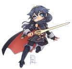  1girl boots chibi fire_emblem fire_emblem:_kakusei full_body gloves holding holding_sword holding_weapon long_hair looking_at_viewer lucina simple_background smile solo solo_focus sword weapon white_background 