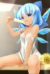  barefoot blue_eyes blue_hair blue_ribbon bow cirno food hair_bow hidden_star_in_four_seasons ice ice_wings off_shoulder popsicle ribbon shirt short_hair strap_slip tan touhou tukiyofree white_shirt wings 