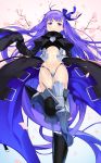  1girl armor blush boots cherry_blossoms crotch_plate fate/extra fate/extra_ccc fate/grand_order fate_(series) hair_ribbon highres long_hair looking_at_viewer meltlilith nanotaro navel petals purple_hair revealing_clothes ribbon smile solo thigh-highs very_long_hair violet_eyes 