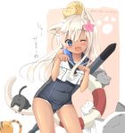  1girl akitsuki_tsukasa animal animal_ears animal_on_head black_swimsuit blonde_hair blue_eyes blue_sailor_collar cat cat_ears cat_on_head cat_tail covered_navel crop_top flower hair_flower hair_ornament kantai_collection lifebuoy looking_at_viewer on_head one-piece_swimsuit one-piece_tan one_eye_closed open_mouth paw_pose paw_print ro-500_(kantai_collection) sailor_collar school_swimsuit swimsuit swimsuit_under_clothes tail tan tanline too_many too_many_cats torpedo twitter_username 