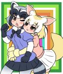  animal_ears black_hair blonde_hair blush bow bowtie brown_eyes common_raccoon_(kemono_friends) edamamezooooo fennec_(kemono_friends) fox_ears fox_tail gloves hug hug_from_behind kemono_friends multicolored_hair multiple_girls open_mouth pantyhose raccoon_ears raccoon_tail short_hair short_sleeves skirt smile tail thigh-highs 