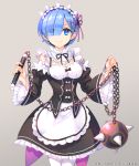  1girl blue_eyes blue_hair detached_sleeves eyes_visible_through_hair flail frilled_sleeves frills hair_ornament hair_over_one_eye lips maid maid_headdress morning_star pantyhose purple_ribbon re:zero_kara_hajimeru_isekai_seikatsu rem_(re:zero) ribbon ribbon_trim siblings sisters solo trianon underbust weapon white_legwear x_hair_ornament 