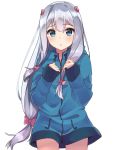  1girl blue_eyes blush bow eromanga_sensei eyebrows_visible_through_hair hair_bow izumi_sagiri jacket long_hair looking_at_viewer parted_lips pink_bow revision ribbon seki_(l0410706268) silver_hair simple_background sleeves_past_wrists solo upper_body white_background 
