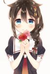  1girl arms_at_sides bangs beige_background blue_eyes blush braid brown_hair closed_mouth commentary_request eyebrows_visible_through_hair flower hair_between_eyes hair_flaps hair_ornament holding holding_flower jewelry kantai_collection looking_at_viewer naoto_(tulip) neckerchief pink_flower red_neckerchief red_rose remodel_(kantai_collection) revision ring rose shigure_(kantai_collection) short_sleeves side_braid simple_background single_braid smile solo tareme upper_body 