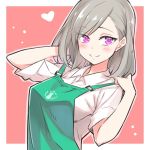  1girl blush character_request copyright_request eyebrows_visible_through_hair green_apron grey_hair looking_at_viewer minoa_(lastswallow) short_hair short_sleeves smile solo violet_eyes 