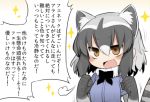  1girl :d =3 animal_ears black_hair blush_stickers brown_eyes clenched_hands commentary_request common_raccoon_(kemono_friends) fang fur_trim kemono_friends kisaragi_kaya multicolored_hair open_mouth raccoon_ears raccoon_tail short_sleeves silver_hair smile solo tail translation_request 