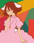  1girl :3 animal_ears bangs brown_hair bunny_tail carrot_necklace colorful eyelashes finger_to_mouth hair_between_eyes halftone inaba_tewi looking_at_viewer multicolored multicolored_background oota_(ikumi1110) pink_hair puffy_short_sleeves puffy_sleeves rabbit_ears red_eyes short_hair short_sleeves solo tail touhou 