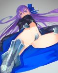  1girl absurdres ass black_coat breasts crotch_plate fate/extra fate/extra_ccc fate_(series) from_below gluteal_fold hair_ribbon highres long_hair looking_at_viewer meltlilith mk_(masatusaboten) navel purple_hair revealing_clothes ribbon simple_background small_breasts solo thigh-highs thighs very_long_hair violet_eyes 