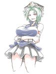  1girl black_skirt blue_vest breast_hold breasts crossed_arms crown green_eyes green_hair kuroba_rapid large_breasts licking_lips looking_down miniskirt naughty_face open_mouth pleated_skirt shiki_eiki shirt short_hair skirt thighs tongue tongue_out touhou vest white_shirt 