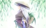  ajirogasa androgynous backpack bag bamboo hat herb_bundle highres japanese_clothes kimono lavender_eyes lavender_hair len&#039;en lenk64 long_hair shirami_souko 