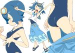  1girl armpits arms_up ass baggy_pants blue_eyes blue_hair breasts closed_eyes feet from_side full_body goggles goggles_on_head hair_ornament one-piece_swimsuit open_mouth pants pokemon pokemon_(game) pokemon_sm shirt short_hair simple_background sleeveless sleeveless_shirt slippers small_breasts solo_focus suiren_(pokemon) swimsuit swimsuit_pull trial_captain white_background yawning 