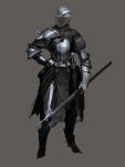 androgynous armor full_armor halberd hand_on_hip helmet highres nisetanaka original polearm simple_background solo sword weapon 