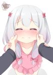  1girl 3: absurdres agung_syaeful_anwar blush bow cheek_pinching cheek_pull closed_eyes collarbone commentary_request dress eromanga_sensei eyebrows_visible_through_hair facing_viewer from_above hair_bow highres izumi_sagiri long_hair pinching pink_dress pov silver_hair simple_background solo_focus squiggle white_background 