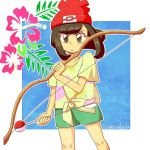  &gt;:( 1girl arrow artist_name bangs bare_arms beanie black_eyes black_hair bow_(weapon) closed_mouth collarbone cowboy_shot female_protagonist_(pokemon_sm) floral_print flower frown green_shorts hat hibiscus holding holding_bow_(weapon) holding_weapon leaf moon_(pokemon) outline poke_ball_theme pokemon pokemon_special red_hat shirt short_hair short_sleeves shorts solo standing sugawalaya swept_bangs tied_shirt weapon yellow_shirt 