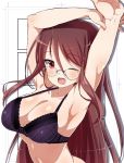  1girl armpits arms_up black_bra blush bra breasts brown_eyes brown_hair character_request cleavage glasses large_breasts long_hair navel one_eye_closed open_mouth pic_k plaid plaid_bra rimless_glasses smile solo underwear 
