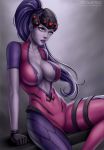  1girl artist_name black_gloves bodysuit breasts cleavage clenched_hand collarbone cowboy_shot eyelashes flowerxl gloves grey_background head_mounted_display large_breasts leaning_back lips long_hair looking_away nose overwatch pink_bodysuit ponytail purple_hair purple_lips purple_skin short_sleeves signature sitting solo visor widowmaker_(overwatch) yellow_eyes 