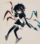  &gt;:( 1girl absurdres alternate_costume artist_name asymmetrical_wings black_hair cellphone chromatic_aberration commentary_request grey_background highres hood hoodie houjuu_nue kere_(kere9r) phone red_eyes short_hair slippers solo thigh-highs touhou wings 