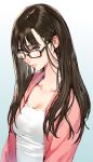  1girl blue_eyes breasts brown_hair cleavage glasses highres long_hair looking_at_viewer makimura_shunsuke original solo 