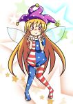  1girl american_flag_dress american_flag_legwear blonde_hair blush clownpiece double_v dress fairy fairy_wings full_body happy hat highres jester_cap knees_together_feet_apart long_hair neck_ruff nose_blush pantyhose pink_eyes short_dress short_sleeves smile solo star starry_background takami13 thigh_gap touhou v very_long_hair wings 