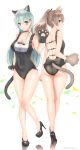  2girls absurdres alternate_costume animal_ears aqua_hair artist_name ass bare_shoulders black_leotard blue_eyes breasts brown_hair cat_ears cat_paws cat_tail cleavage covered_navel dated from_behind full_body hair_between_eyes high_heels highleg highleg_leotard highres kantai_collection kemonomimi_mode kumano_(kantai_collection) large_breasts leotard long_hair looking_at_viewer multiple_girls open_mouth paws ponytail profile sakiryo_kanna shiny shiny_skin signature suzuya_(kantai_collection) tail tongue tongue_out twitter_username underbust 