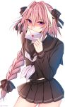  1boy black_serafuku blush bow braid covering_mouth fate/apocrypha fate_(series) hair_bow hair_ribbon highres letter long_hair looking_at_viewer love_letter male_focus pink_hair ribbon rider_of_black school_uniform serafuku shisei_(kyuushoku_banchou) single_braid solo trap violet_eyes 