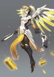  1girl black_gloves blonde_hair boots breastplate breasts gloves gun handgun high_ponytail highres lips mechanical_halo mechanical_wings medium_breasts mercy_(overwatch) overwatch pantyhose parted_lips solo staff swiss_flag violet_eyes weapon wings yellow_wings yoon_lee 