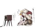  0_0 1girl 2boys ahoge albus_(zero_kara_hajimeru_mahou_no_sho) arm_wraps bare_shoulders belt belt_pouch black_shorts blonde_hair blush check_translation clenched_hand collarbone covering_eyes crop_top embarrassed eyebrows_visible_through_hair furry heart iwasaki_takashi long_hair long_sleeves mercenary_(zero_kara_hajimeru_mahou_no_sho) midriff multiple_boys muscle open_mouth orange_shirt paws peeking_through_fingers red_shirt shirt short_shorts short_sleeves shorts silver_hair simple_background sitting sitting_on_lap sitting_on_person skin_tight smile sweatdrop television thigh-highs tiger translation_request trembling white_background white_hair white_legwear white_tiger zero_(zero_kara_hajimeru_mahou_no_sho) zero_kara_hajimeru_mahou_no_sho 