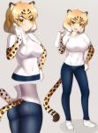  alternate_costume animal_ears ass blonde_hair blush casual denim elbow_gloves fang full_body gloves hand_on_hip iwahana jaguar_(kemono_friends) jaguar_ears jaguar_print jaguar_tail jeans kemono_friends looking_at_viewer multicolored_hair open_mouth pants shirt short_hair short_sleeves smile t-shirt tail towel 