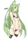  1girl bangs bikini black_bikini black_legwear blush breasts collarbone commentary_request crescent crescent_hair_ornament goekawa green_eyes green_hair hair_ornament kantai_collection long_hair looking_at_viewer nagatsuki_(kantai_collection) navel open_mouth simple_background small_breasts solo swimsuit thigh-highs twitter_username white_background 
