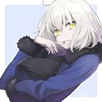  1girl ahoge breasts eyebrows_visible_through_hair fate/apocrypha fate/grand_order fate_(series) jeanne_alter large_breasts looking_at_viewer minoa_(lastswallow) open_mouth ruler_(fate/apocrypha) short_hair solo teeth white_hair white_skin yellow_eyes 