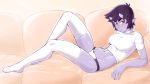  1girl :&lt; abs bare_arms black_hair bow bow_panties breasts couch crop_top eyebrows_visible_through_hair full_body groin highres ittla large_breasts looking_at_viewer midriff navel no_shoes oni_horns orange_eyes original panties pointy_ears purple_skin reclining shirt short_hair slit_pupils solo t-shirt thick_eyebrows thigh-highs underwear white_legwear white_shirt 