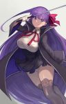  1girl absurdres bb_(fate/extra_ccc) black_legwear breasts cape fate/extra fate/extra_ccc fate_(series) gloves hair_ribbon highres lace lace-trimmed_thighhighs large_breasts long_hair purple_hair ribbon smile solo thigh-highs very_long_hair violet_eyes white_gloves wse 