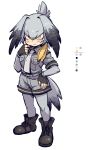  1girl bird_tail bird_wings black_gloves boots chin_stroking collared_shirt color_guide feathered_wings fingerless_gloves full_body gloves grey_hair grey_necktie grey_shirt grey_shorts hand_on_hip head_wings highres kemono_friends long_hair looking_at_viewer low_ponytail mizuno_(okn66) multicolored_hair necktie shirt shoebill_(kemono_friends) shorts side_ponytail silver_hair simple_background tsurime white_background wings 
