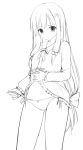  1girl bangs blush bow bow_panties closed_mouth clothes_lift cowboy_shot eromanga_sensei eyebrows_visible_through_hair frills greyscale hair_bow highres izumi_sagiri lifted_by_self lineart long_hair looking_at_viewer low-tied_long_hair monochrome pajamas panties side-tie_panties simple_background solo sousouman thighs underwear 
